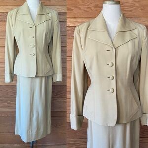 Vintage 1940s Couture Worsted virgin wool tan blazer and skirt set